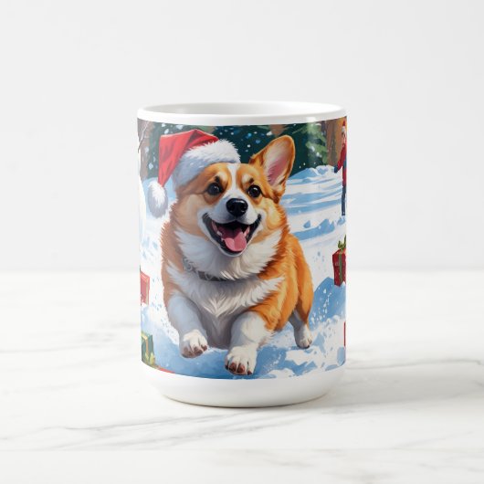 Corgi läuft im Schnee mit Weihnachtshut Kaffeetasse (Mittel)