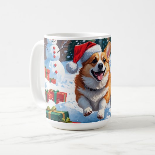Corgi läuft im Schnee mit Weihnachtshut Kaffeetasse (Vorderseite Links)