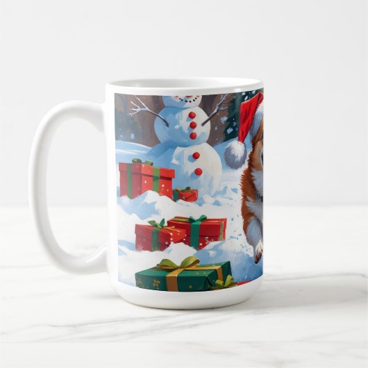 Corgi läuft im Schnee mit Weihnachtshut Kaffeetasse (Links)