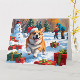 Corgi läuft im Schnee mit Weihnachtshut Karte