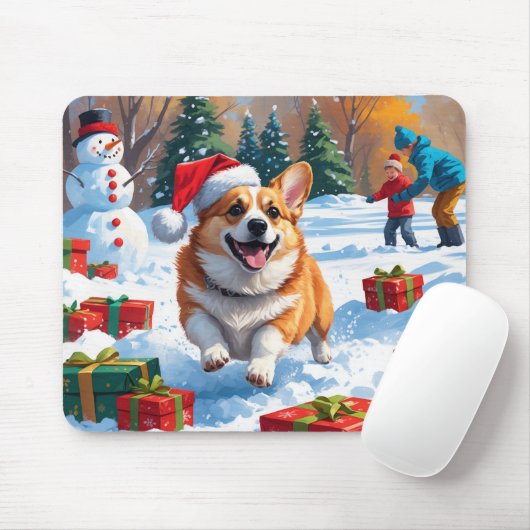 Corgi läuft im Schnee mit Weihnachtshut Mousepad (Mit Mouse)