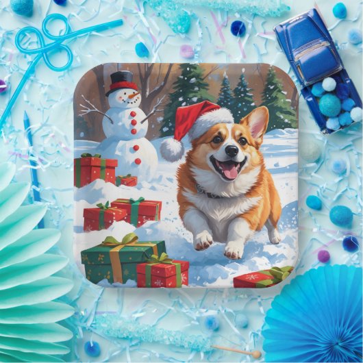 Corgi läuft im Schnee mit Weihnachtshut Pappteller (Party)