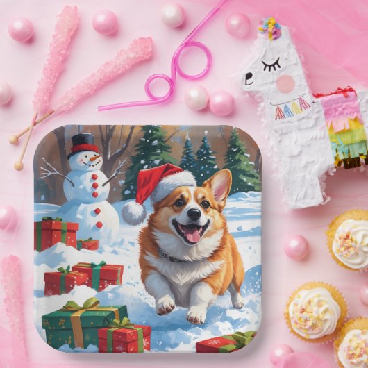Corgi läuft im Schnee mit Weihnachtshut Pappteller (Party)