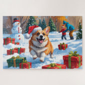 Corgi läuft im Schnee mit Weihnachtshut Puzzle (Horizontal)