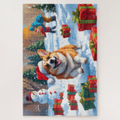 Corgi läuft im Schnee mit Weihnachtshut Puzzle (Vertikal)