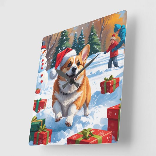 Corgi läuft im Schnee mit Weihnachtshut Quadratische Wanduhr (Winkel)