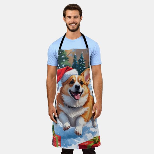 Corgi läuft im Schnee mit Weihnachtshut Schürze (Getragen)