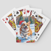 Corgi läuft im Schnee mit Weihnachtshut Spielkarten (Rückseite)