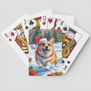 Corgi läuft im Schnee mit Weihnachtshut Spielkarten