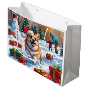 Corgi läuft im Schnee mit Weihnachtsmütze Große Geschenktüte
