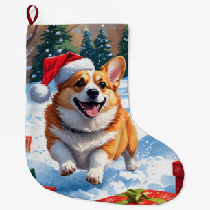 Corgi läuft im Schnee mit Weihnachtsmütze Großer Weihnachtsstrumpf