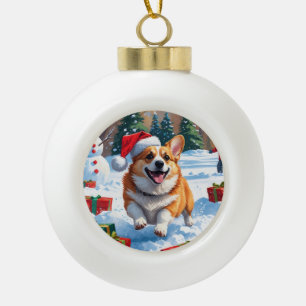 Corgi läuft im Schnee mit Weihnachtsmütze Keramik Kugel-Ornament