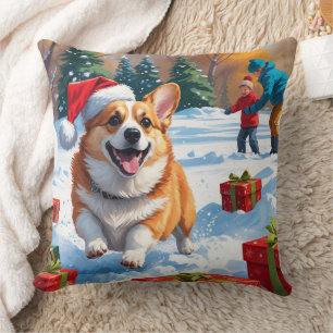 Corgi läuft im Schnee mit Weihnachtsmütze Kissen
