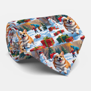 Corgi läuft im Schnee mit Weihnachtsmütze Krawatte