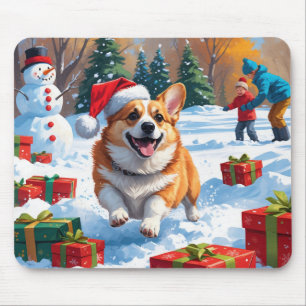 Corgi läuft im Schnee mit Weihnachtsmütze Mousepad