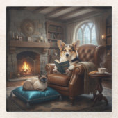 Corgi liest Katze vor Glasuntersetzer (Vorderseite)