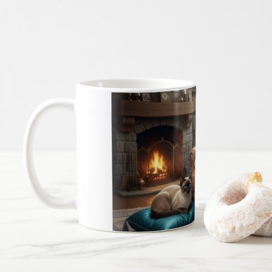 Corgi liest Katze vor Kaffeetasse (Mit Donut)