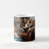 Corgi liest Katze vor Kaffeetasse (Mittel)