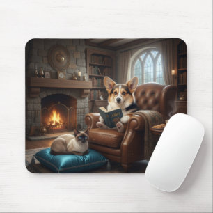 Corgi liest Katze vor Mousepad