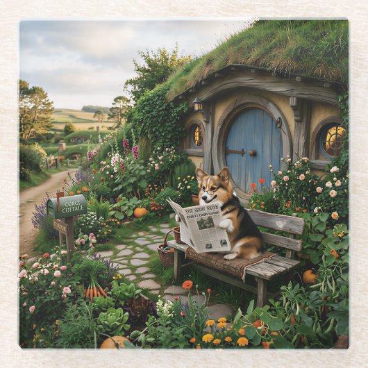 Corgi liest lokale Zeitung im Garten Glasuntersetzer (Vorderseite)