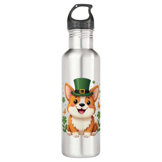 Corgi Lover Shamrock Happy St Patricks Day Edelstahlflasche (Vorderseite)