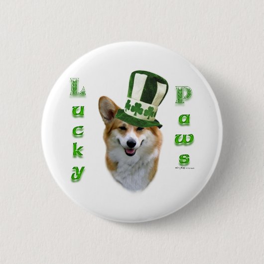 Corgi Lucky Paws; Corgi St Patrick's Day Geschenk Button (Vorderseite)