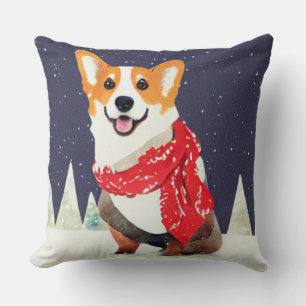 Corgi mit einem rot-weißen Weihnachtsschnitzer Kissen