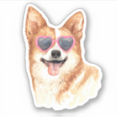 Corgi mit einer Retro-Herz-Sonnenbrille Aufkleber (Vorderseite)