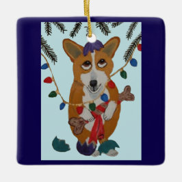 Corgi mit kaputten Weihnachtsdekorationen Keramikornament
