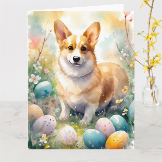 Corgi mit Ostereier Urlaub Karte (Gelbe Blume)