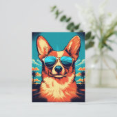 Corgi mit Sonnenbrille an einem tropischen Strand Postkarte (Stehend Vorderseite)