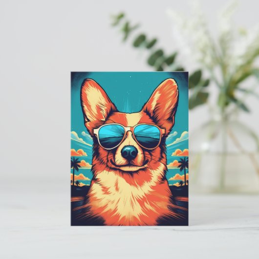 Corgi mit Sonnenbrille an einem tropischen Strand Postkarte (Stehend Vorderseite)