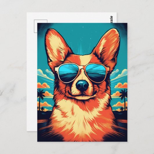 Corgi mit Sonnenbrille an einem tropischen Strand Postkarte (Vorne/Hinten)