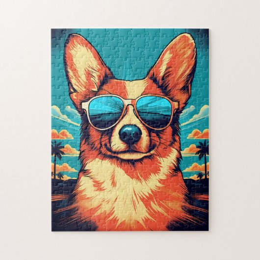 Corgi mit Sonnenbrille an einem tropischen Strand Puzzle (Vertikal)