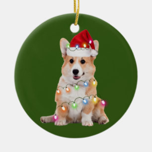 Corgi mit Weihnachtsgeschenken Weihnachtsmannmütz Keramik Ornament