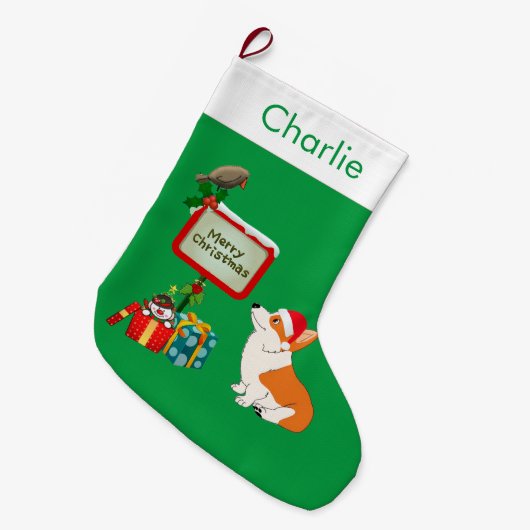 Corgi mit Weihnachtsmannmütze Großer Weihnachtsstrumpf (Vorderansicht (hängend))