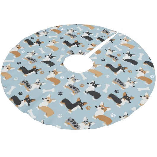 Corgi-Muster Blau Polyester Weihnachtsbaumdecke (Schrägansicht)