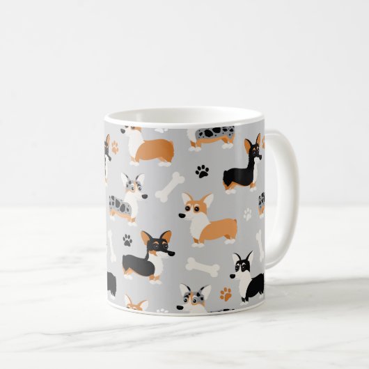 Corgi-Muster Grau Kaffeetasse (VorderseiteRechts)