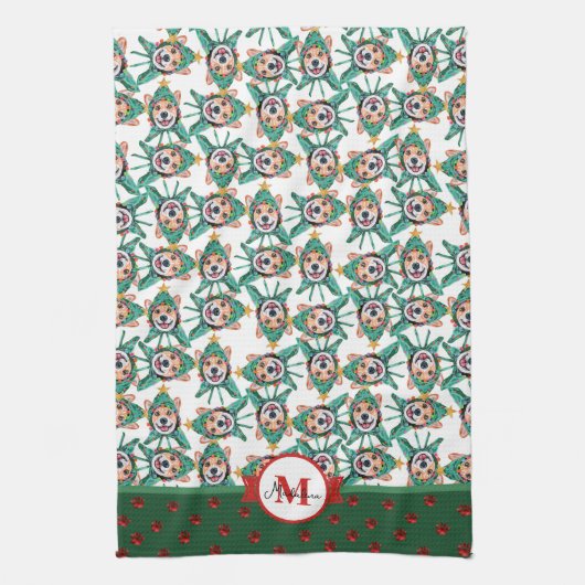 Corgi Muster Monogram Christmas Dog Küchentuch (Vertikal)
