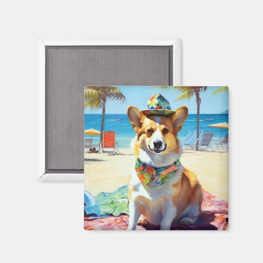 Corgi on Beach, Sommergeschenk für Hundefreunde Magnet (Vorderseite/Rückseite)
