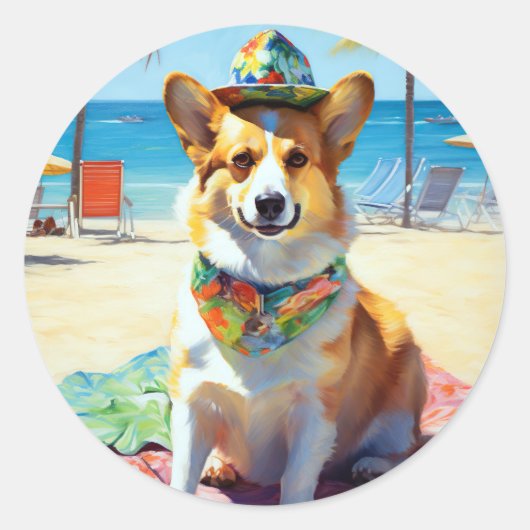 Corgi on Beach, Sommergeschenk für Hundefreunde Runder Aufkleber (Vorderseite)