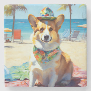 Corgi on Beach, Sommergeschenk für Hundefreunde Steinuntersetzer