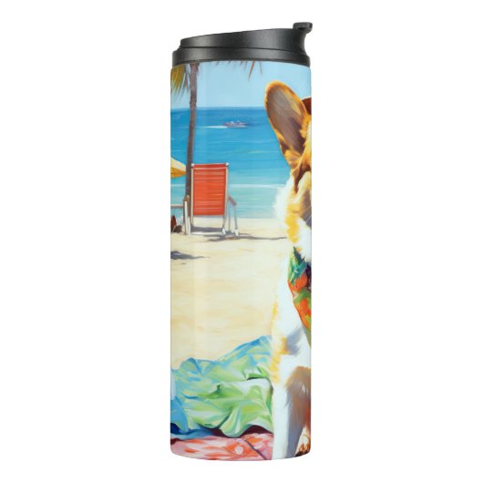 Corgi on Beach, Sommergeschenk für Hundefreunde Thermosbecher (Nach links gedreht)