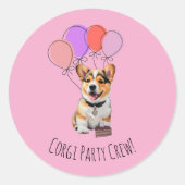 'Corgi Party Crew' Playful Pink Corgi Birthday Runder Aufkleber (Vorderseite)