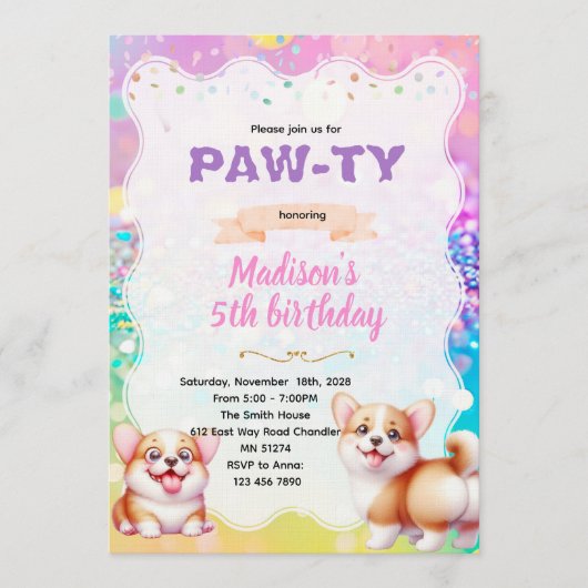 Corgi party theme invitation einladung (Vorderseite)