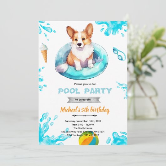 Corgi pool party Invite Einladung (Stehend Vorderseite)