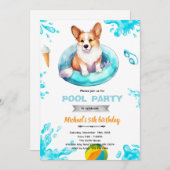 Corgi pool party Invite Einladung (Vorne/Hinten)