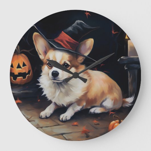 Corgi Pumpkins Halloween Beängstigend Große Wanduhr (Vorderseite)