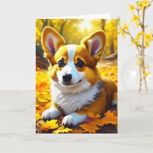 Corgi Puppy Dog Spielen in Herbstlauben Karte (Gelbe Blume)