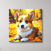 Corgi Puppy Dog Spielen in Herbstlauben Leinwanddruck (Vorderseite)